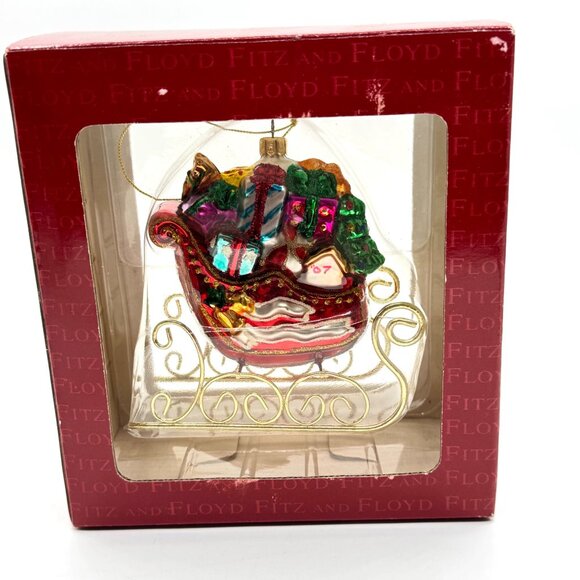 Vintage Fitz And Floyd Santa's Sleigh & Gifts Glass Ornament - Picture 3 of 5